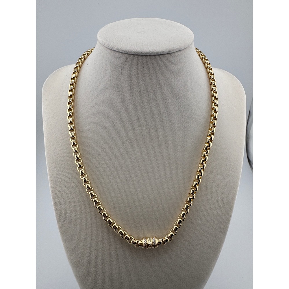 14 K Plated Gold Round Box‎ Chain Necklace Pave Crystal Barrel Bead 18 Inch